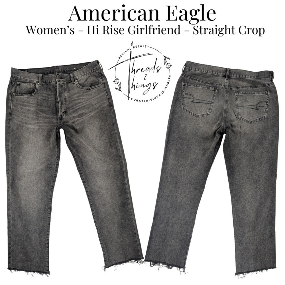 American Eagle Jeans Womens 12 Black Wash Hi‎ Rise Girlfriend Straight Crop 90's